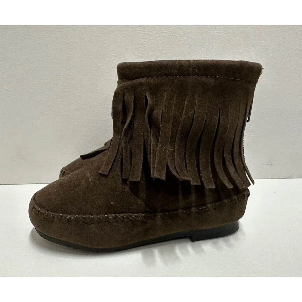 The Doll Maker girl toddler sz 5 fringe brown faux suede zipper flat ankle boots